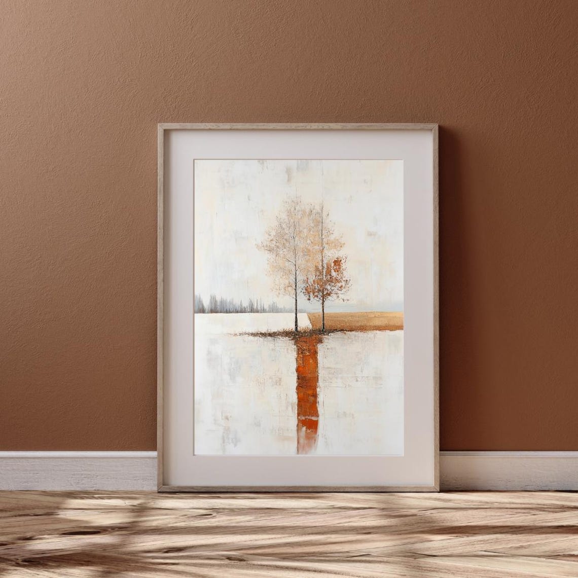 Two Autumn Trees At Still Water With Orange Reflection Art Print - Image 4