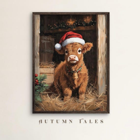 Highland Calf Christmas Wall Art Cozy Farmhosue Holiday Wall Decor Cute Highland Calf With Santas Red Hat In A Decorated Barn