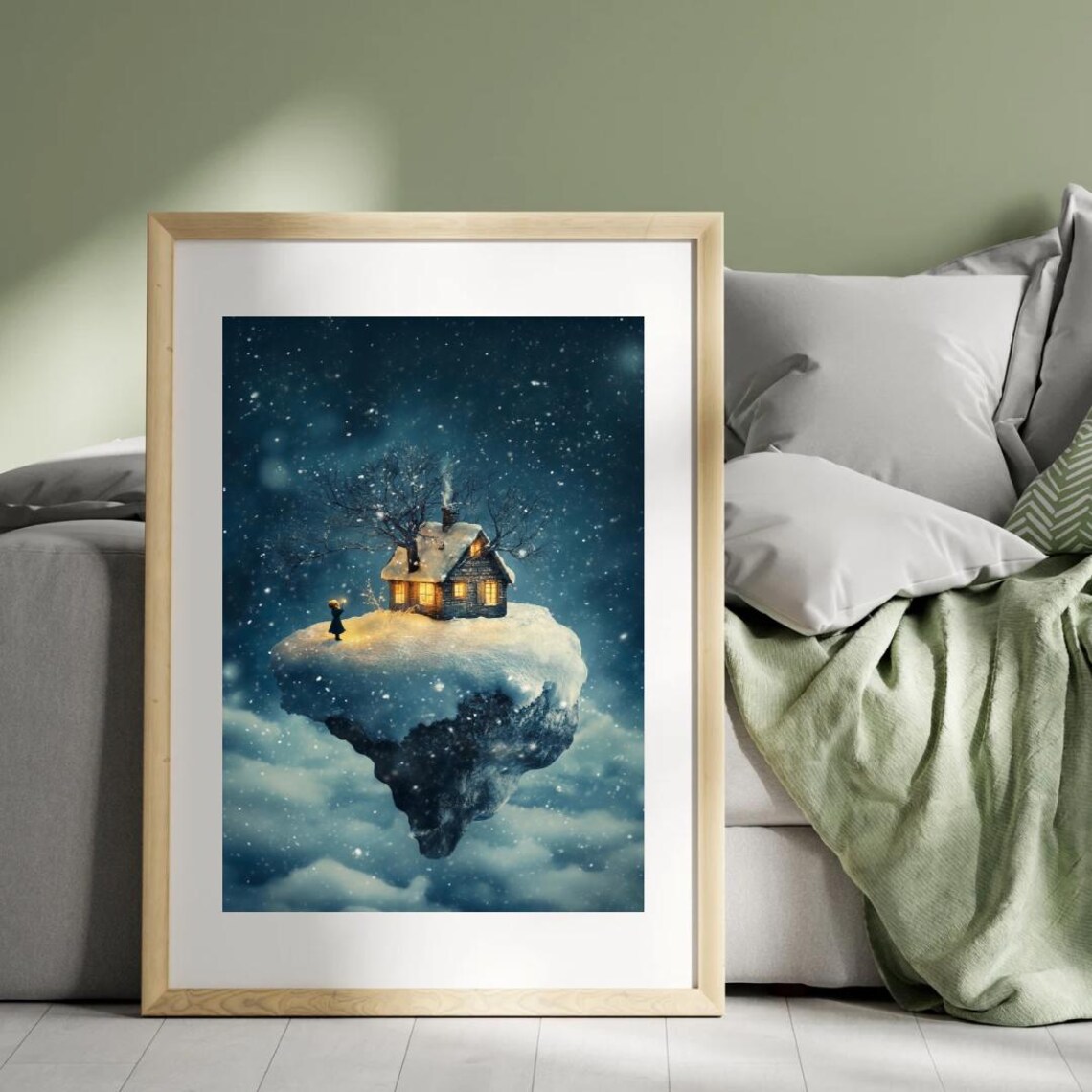 Surreal Floating Island Snow Cottage Starry Night Winter Dream Poster - Image 3
