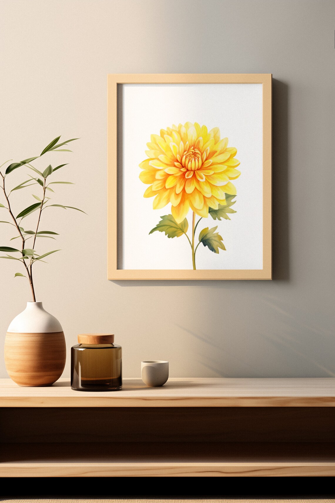 Golden Yellow Dahlia Blossom Watercolour Botanical Art Poster - Image 2