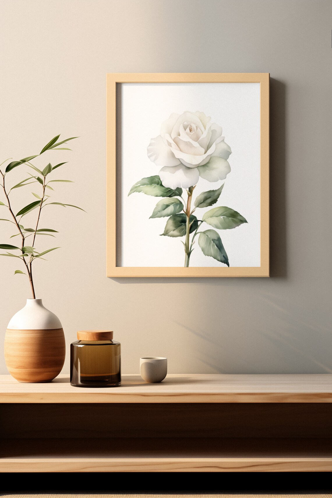 Single White Rose Timeless Watercolor Botanical Flower Art Poster - Image 2