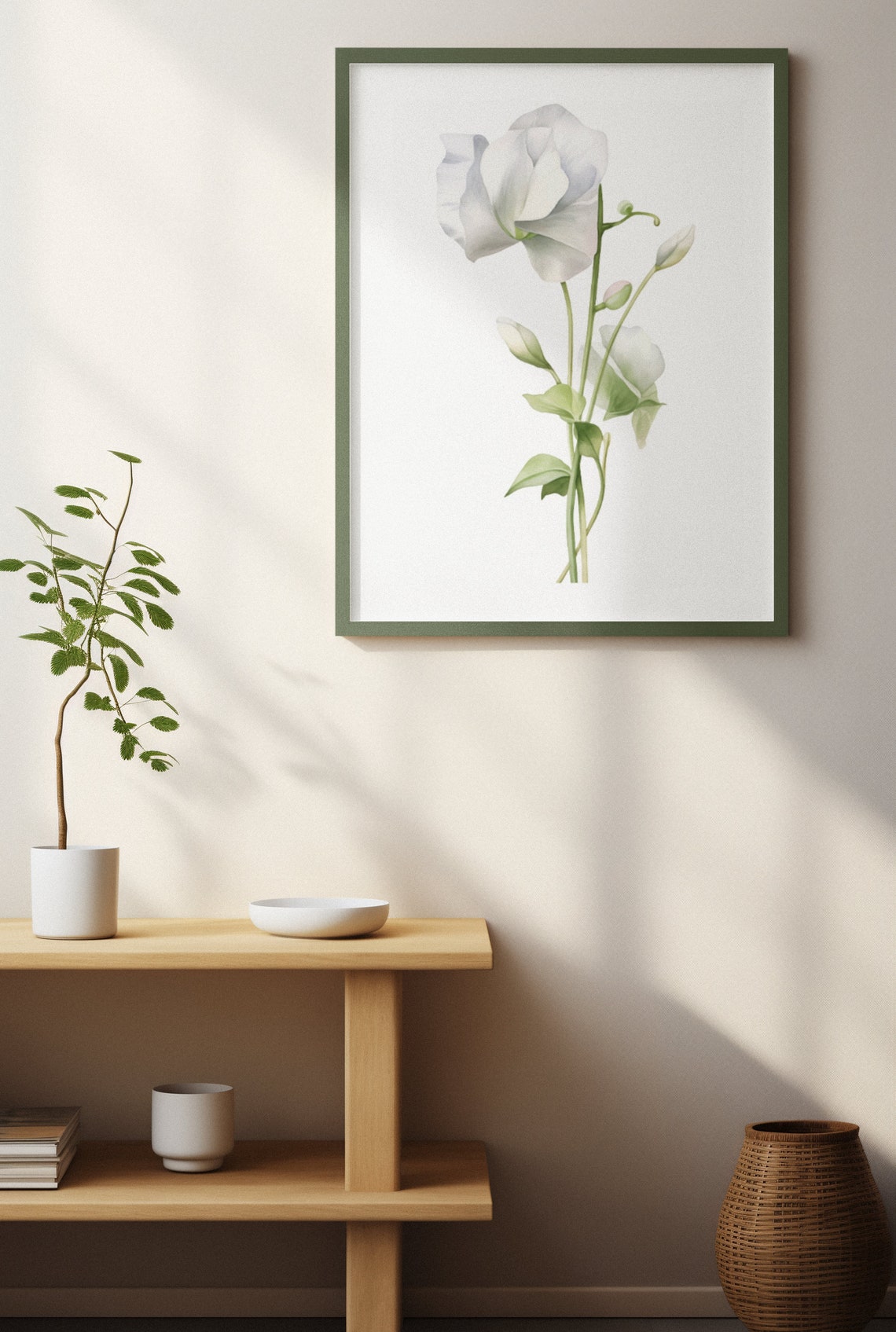 White Sweet Pea Budding Stem Watercolour Botanical Flower Poster - Image 4