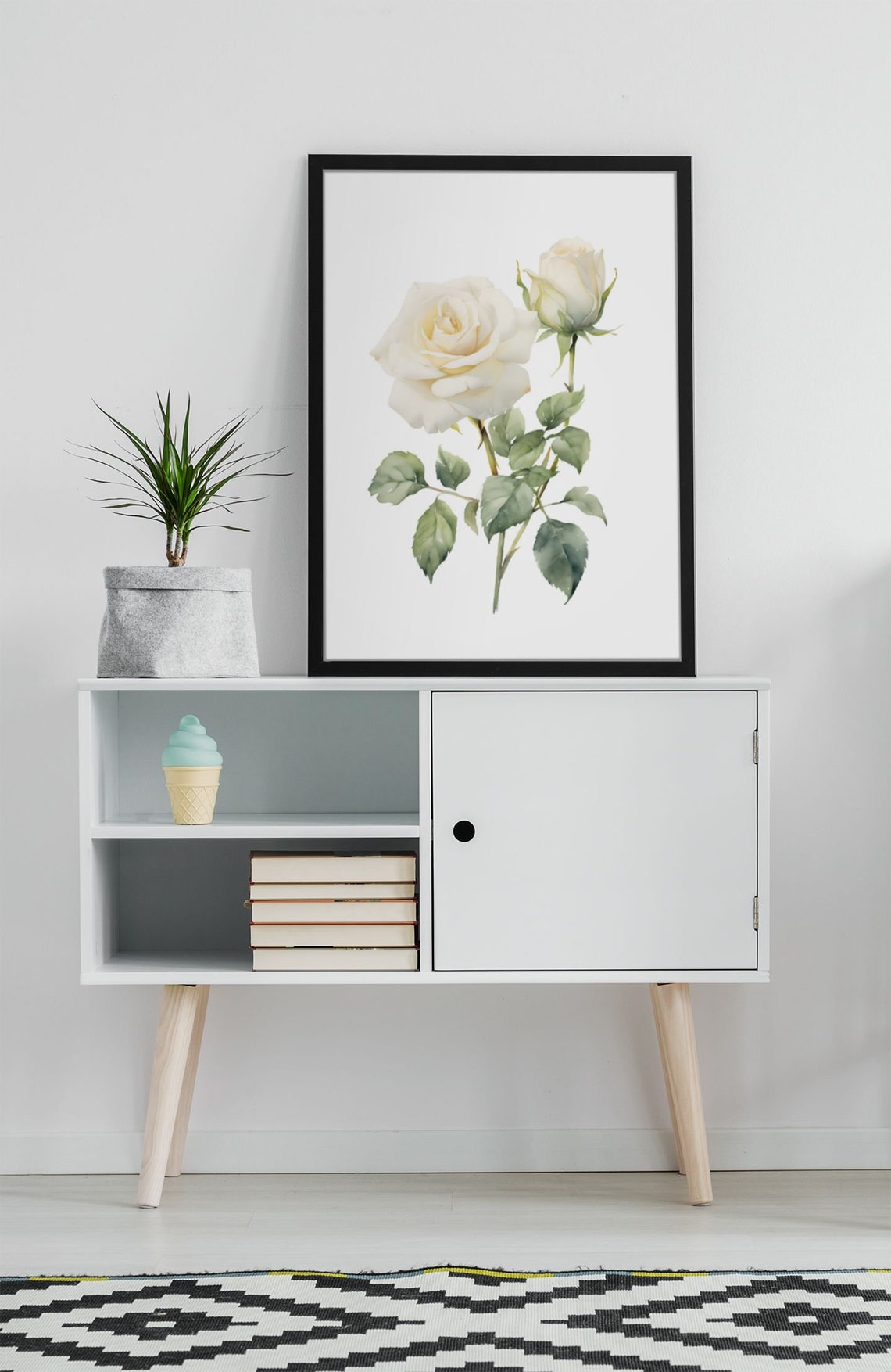 White Rose Bloom And Bud Graceful Watercolor Botanical Art Poster - Image 6