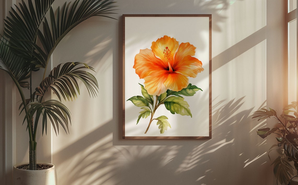 Orange Hibiscus Bloom Lush Watercolor Floral Botanical Poster - Image 5