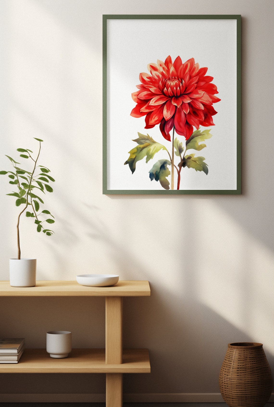 Deep Red Dahlia Single Bloom Watercolour Botanical Art Poster - Image 3