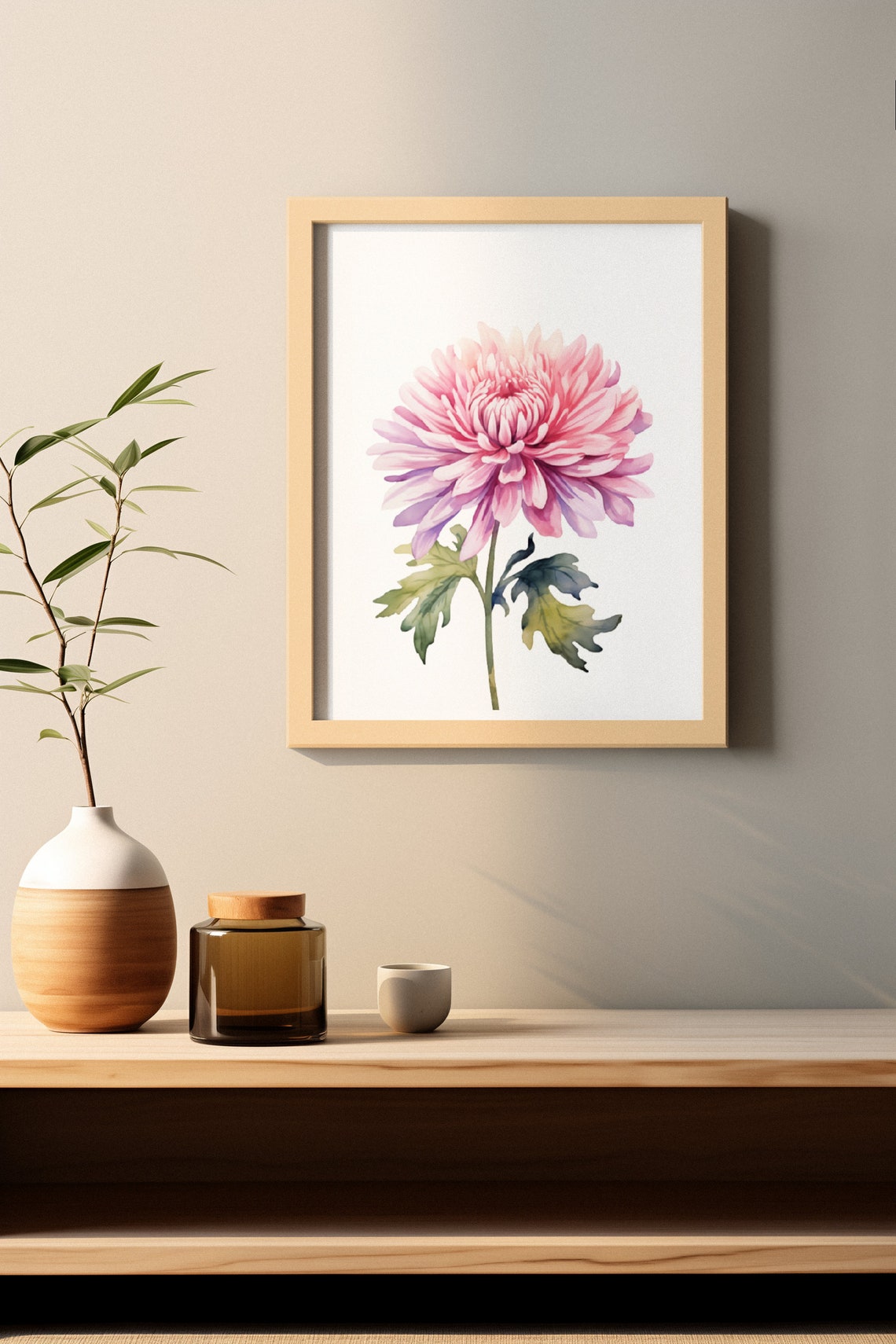 Pink Chrysanthemum Bloom Watercolour Botanical Flower Poster - Image 2