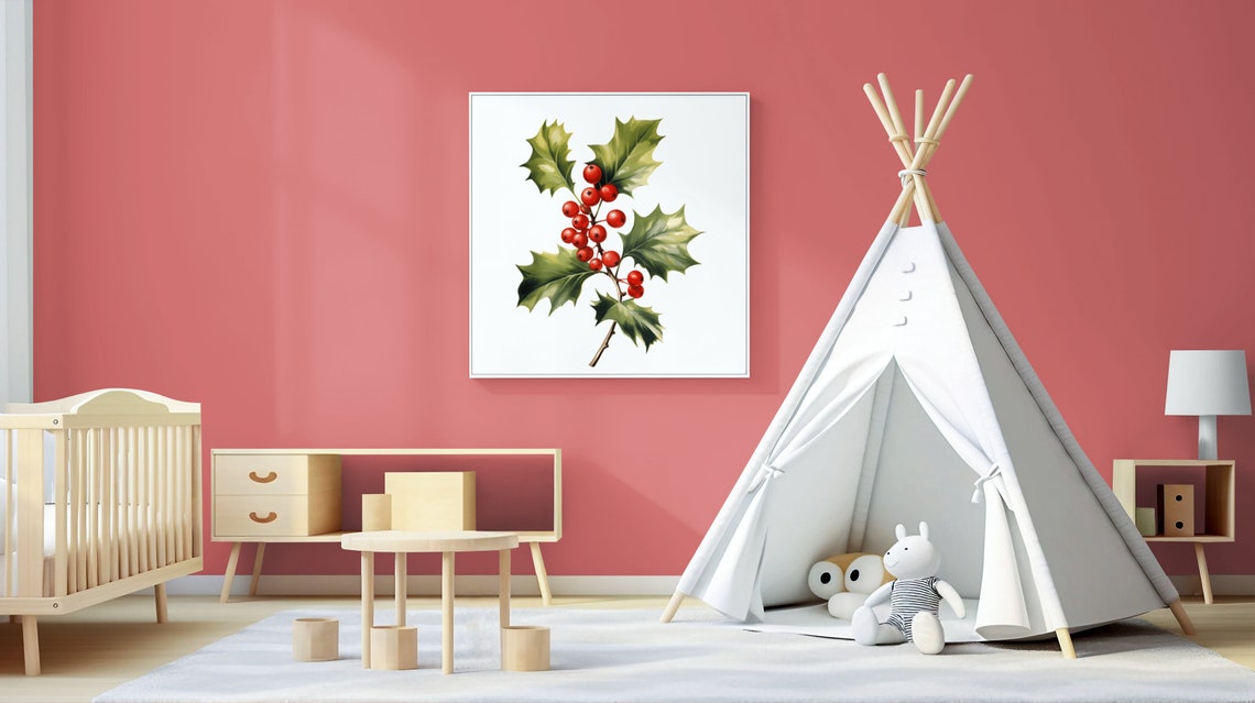 Holly Sprig With Dense Red Berries Festive Watercolor Poster - Image 2