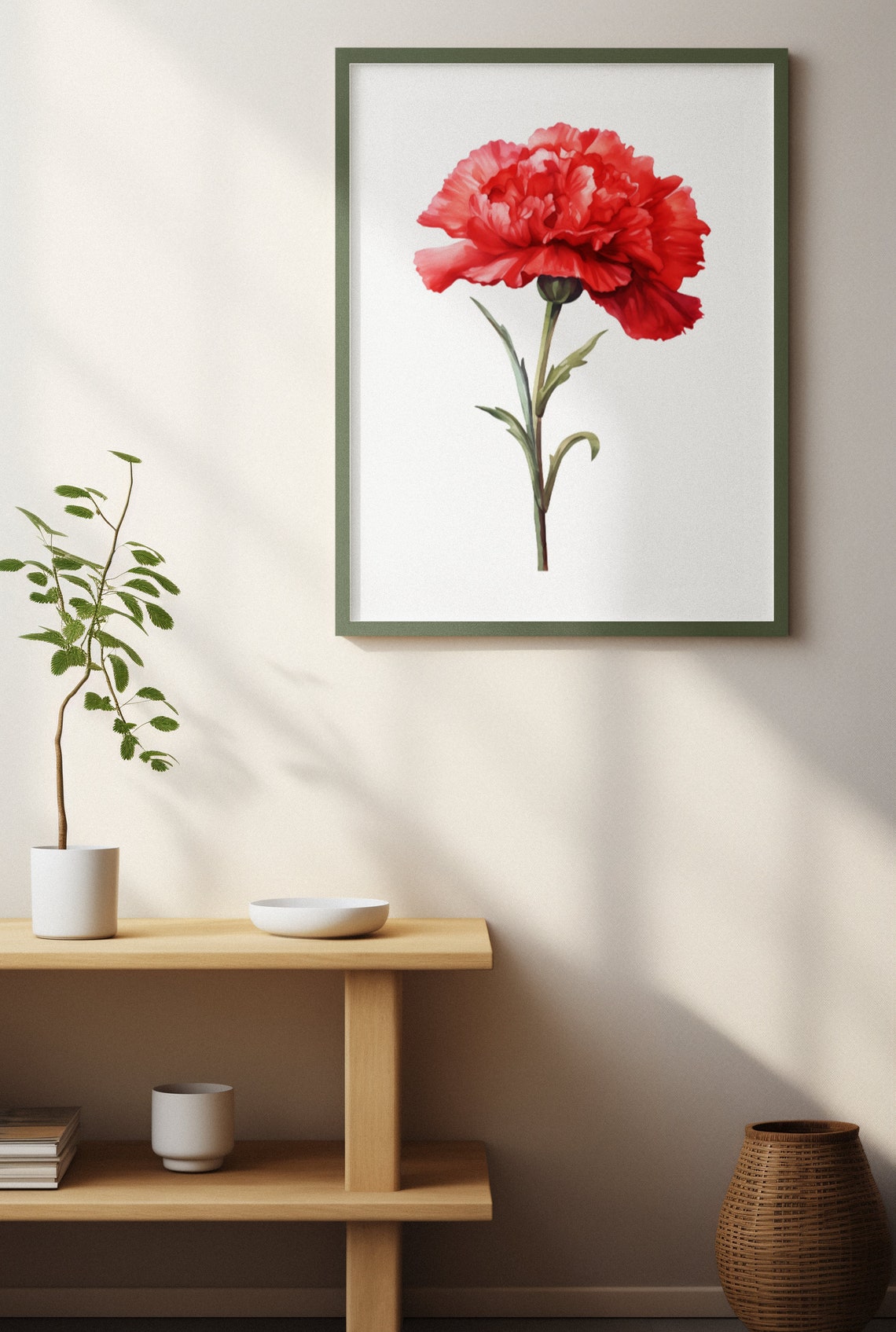 Red Carnation Tall Stem Classic Elegant Watercolor Botanical Poster - Image 4