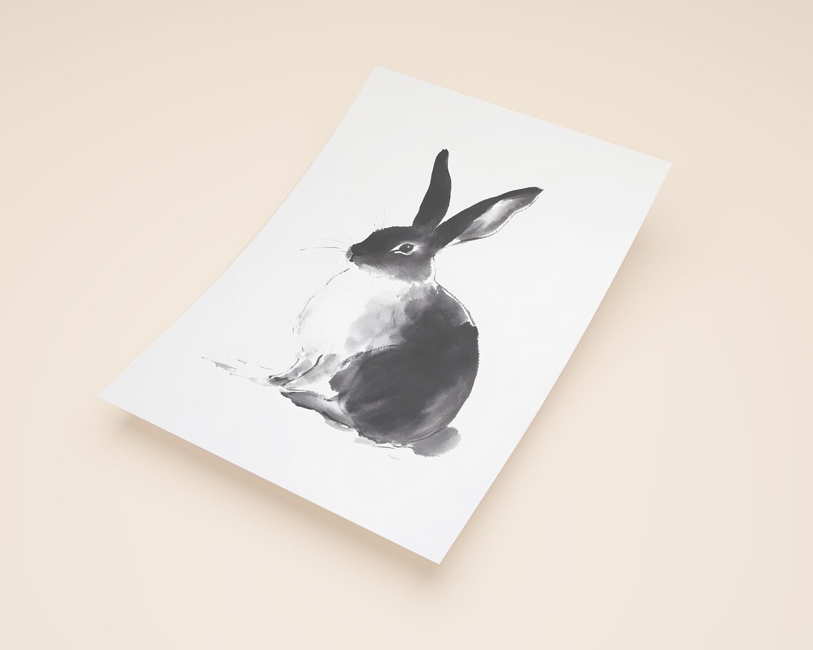 Minimalist Black and White Rabbit Sumi E Ink Painting Poster - Image 2