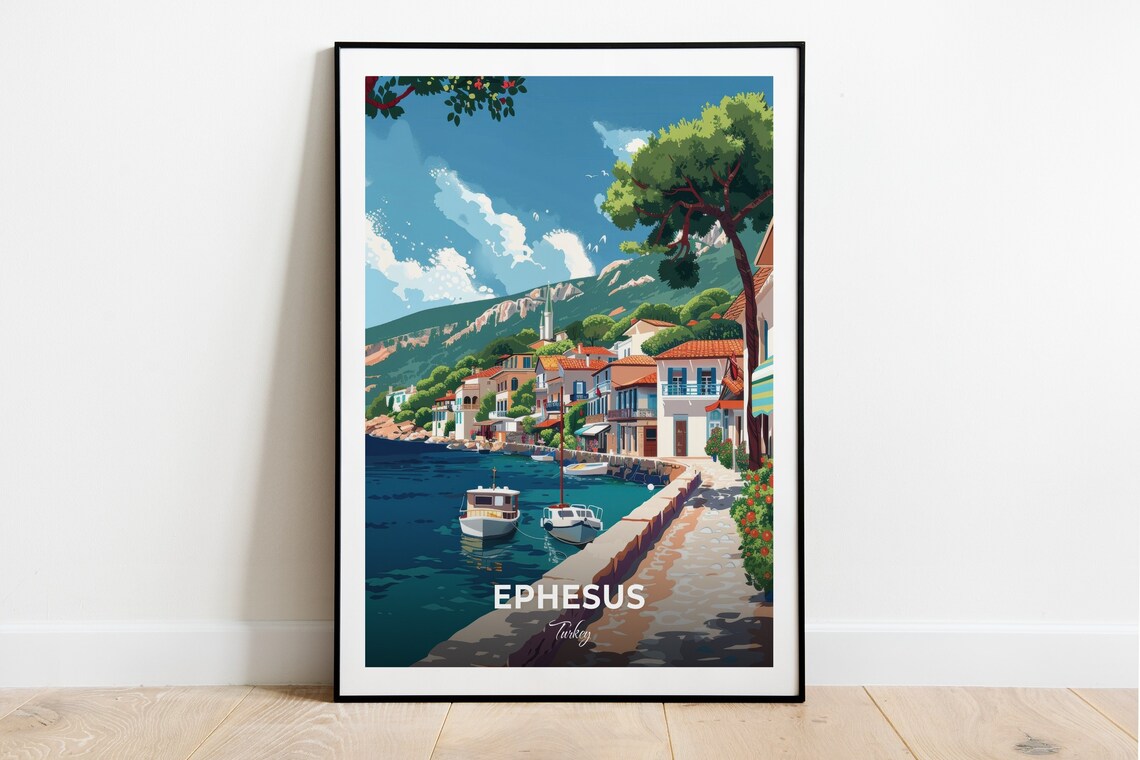 Ephesus Turkey Sunny Coastal Harbor Village Boats Vintage Travel Poster
