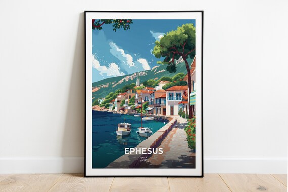 Ephesus Turkey Sunny Coastal Harbor Village Boats Vintage Travel Poster