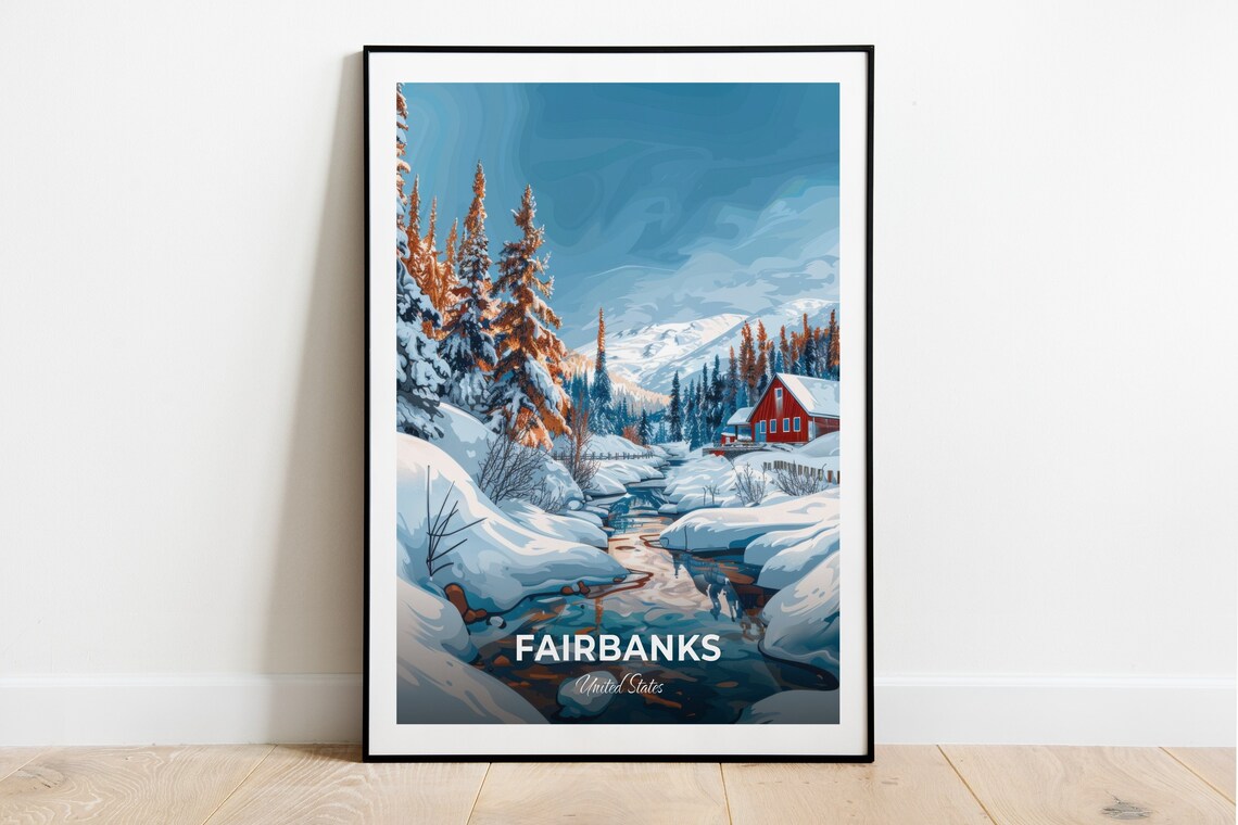 Fairbanks Winter Cabin Snowy Stream Alaska United States Travel Poster