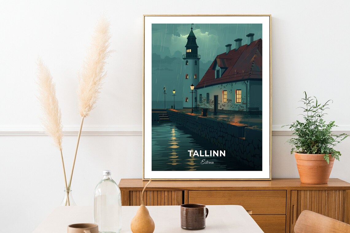 Tallinn Estonia Rainy Night Lighthouse Vintage Travel Poster - Image 2