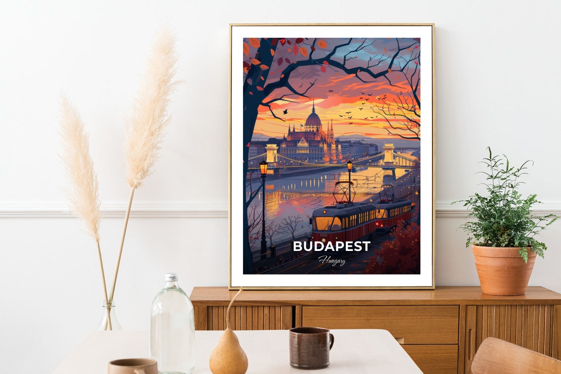 Budapest Hungary Parliament Bridge Sunset Tram Evening Poster - Image 2