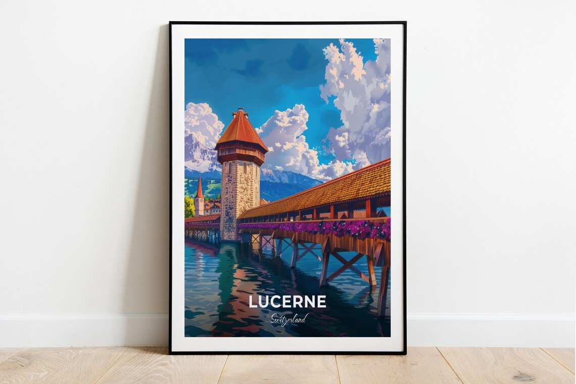 Lucerne Switzerland Chapel Bridge Water Tower Flowers Lake Poster