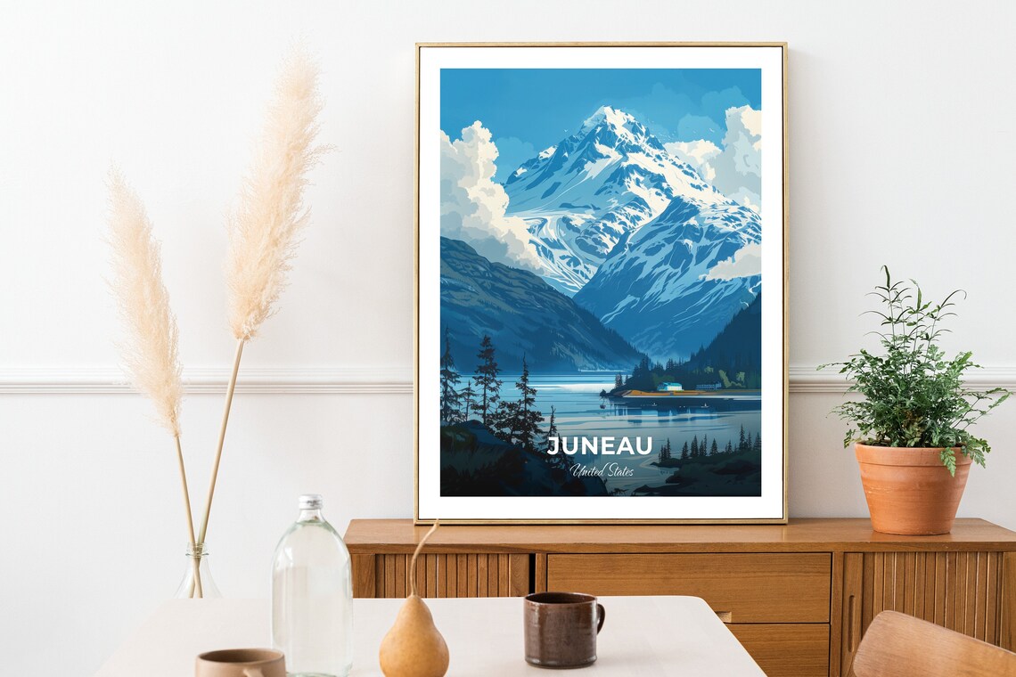 Juneau Alaska Snowy Mountain Peak Harbor Water Evergreens Travel Poster - Image 2