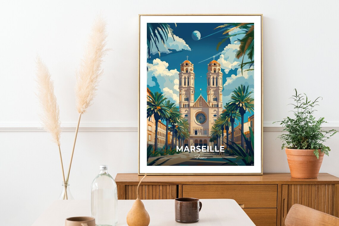 Marseille France Cathedrale La Major Palm Trees Night Travel Poster - Image 2