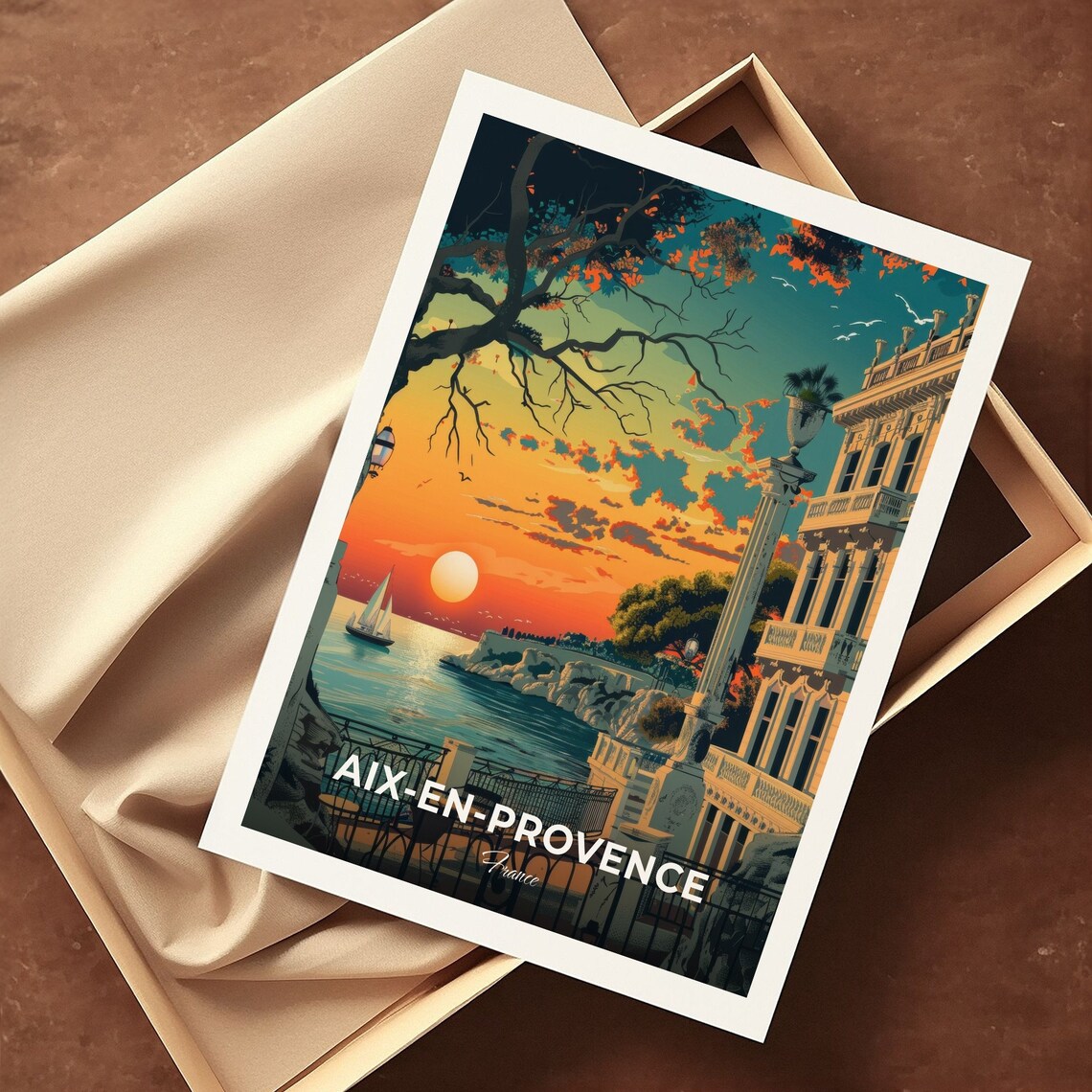 Aix en Provence France Sunset Harbor Terrace Vintage Travel Poster - Image 3
