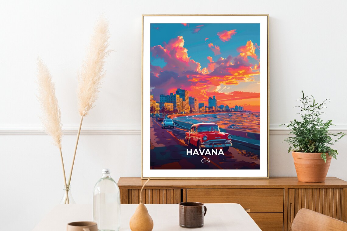 Havana Cuba Malecon Seafront Promenade Classic Cars Sunset Travel Poster - Image 2