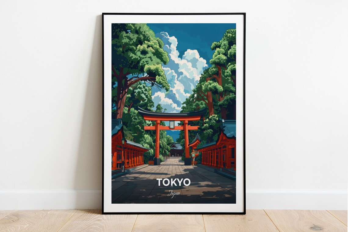 Tokyo Meiji Shrine Red Torii Gate Forest Path Travel Scene Poster