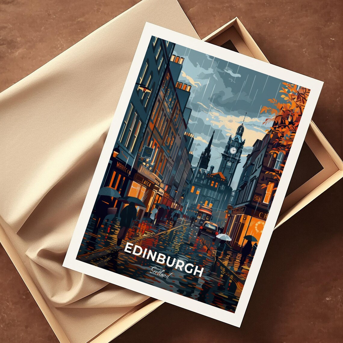 Edinburgh Scotland Rainy Night Street Umbrellas Vintage Travel Poster - Image 4
