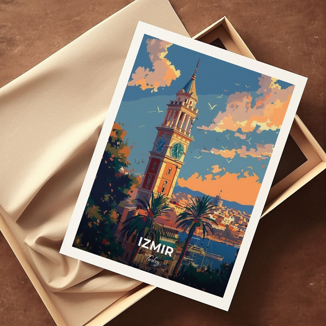 Izmir Turkey Historic Clock Tower Travel Poster Sunset Skyline Art - Image 3