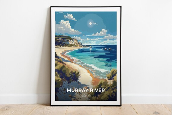 Murray River Australia Sandy Beach Cliffs Moonlight Travel Poster