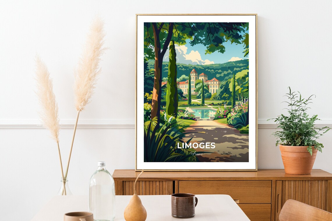 Limoges France Garden Chateau Cypress Trees Fountain Peaceful Scene Poster - Image 2