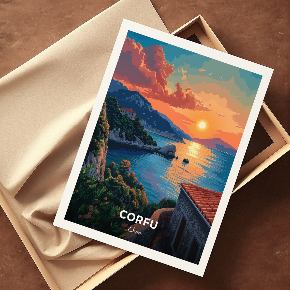 Corfu Greece Golden Sunset Over Rocky Coastline Sea Glow Poster - Image 3