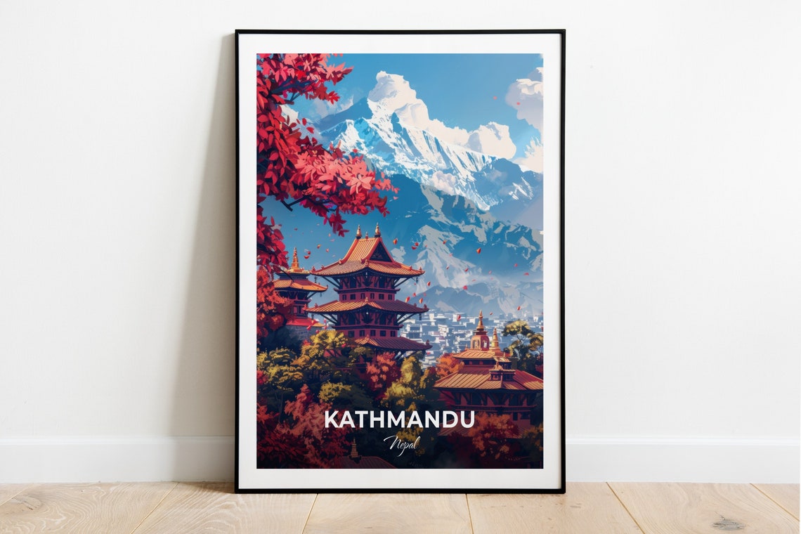 Kathmandu Nepal Himalayan Peaks Pagoda Temples Mountain Travel Poster