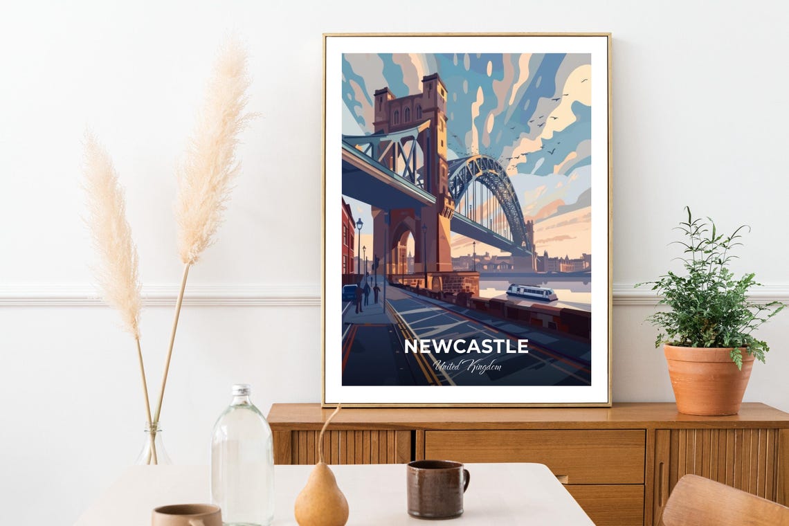 Newcastle United Kingdom Tyne Bridge Dusk River Art View Poster - Image 3