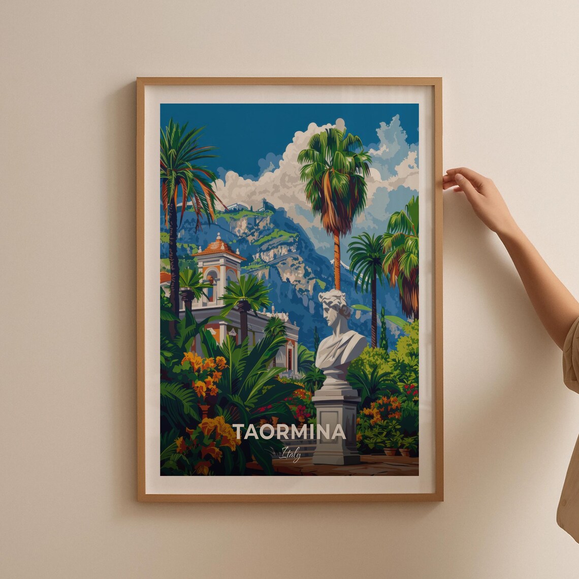 Taormina Italy Public Garden Statue Palms Church View Travel Poster - Image 2
