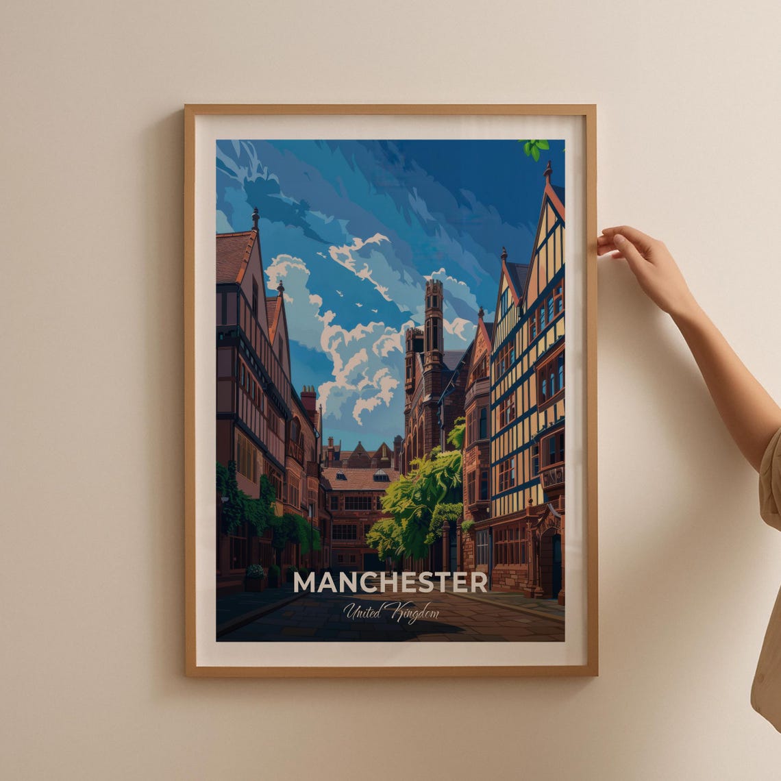 Manchester England Historic Timber Framed Street Vintage Travel Poster - Image 2
