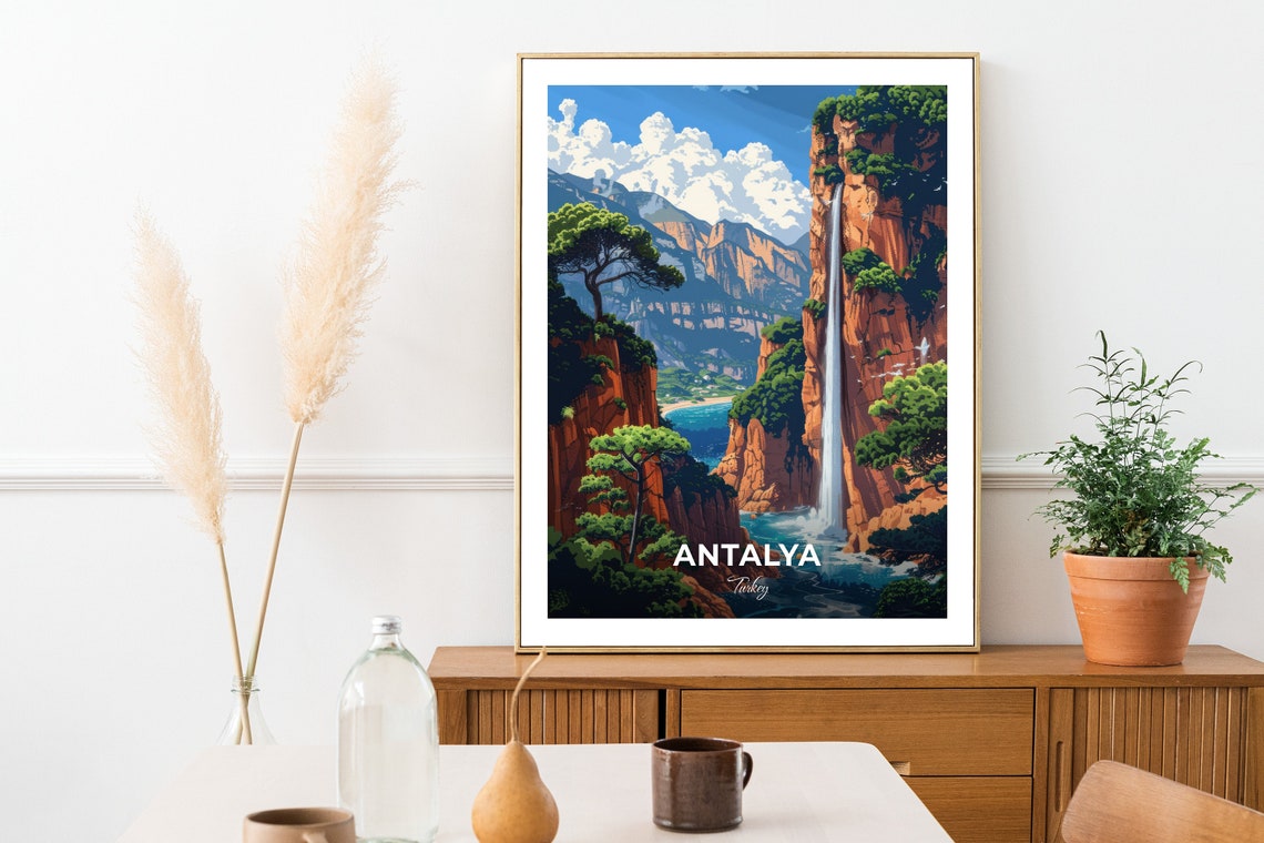 Antalya Turkey Duden Waterfall Cliffs Travel Poster Ocean Cascade Art - Image 2