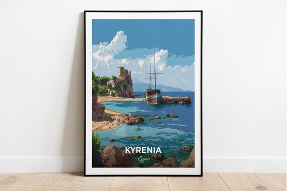 Kyrenia Cyprus Historic Harbour Castle Rock Ship Cove Travel Poster