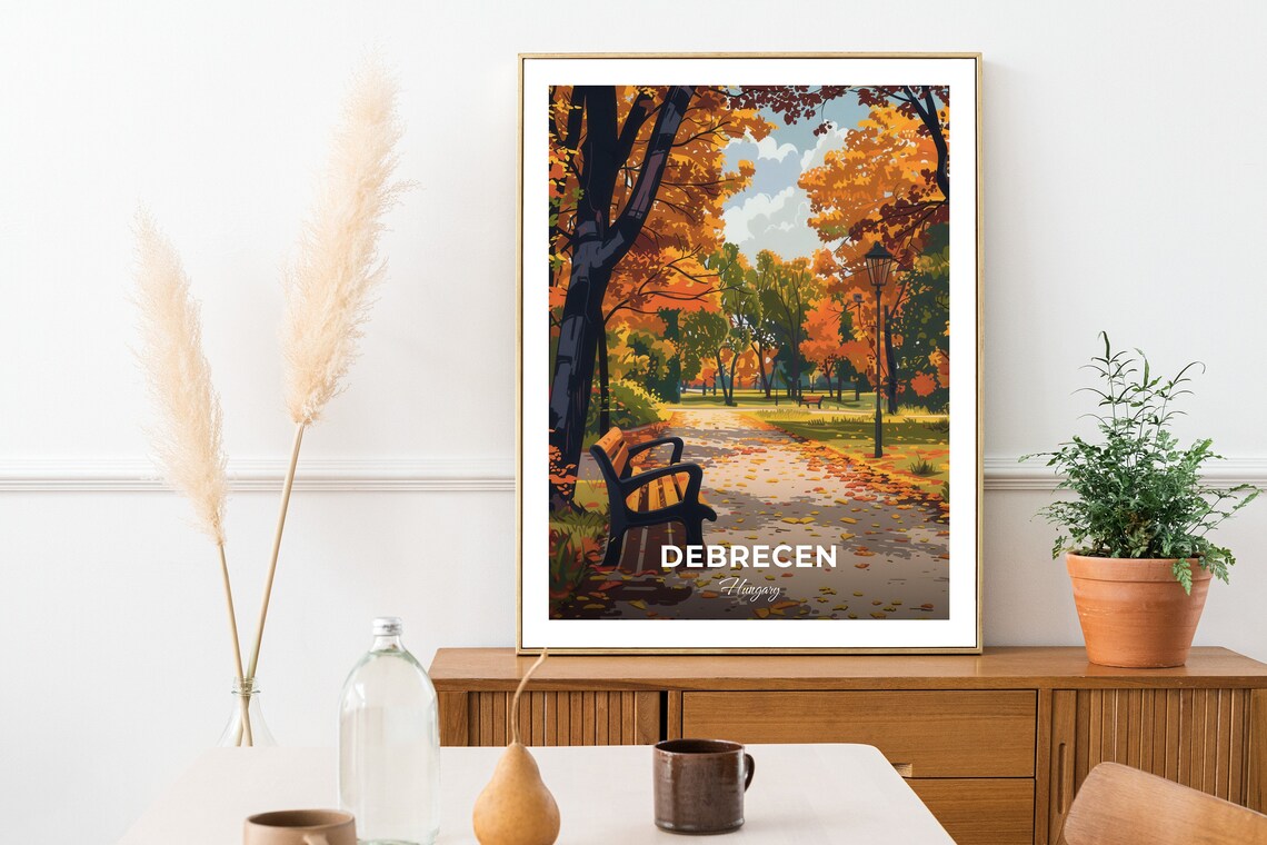 Debrecen Hungary Golden Autumn Park Path Bench Travel Art Poster - Image 2