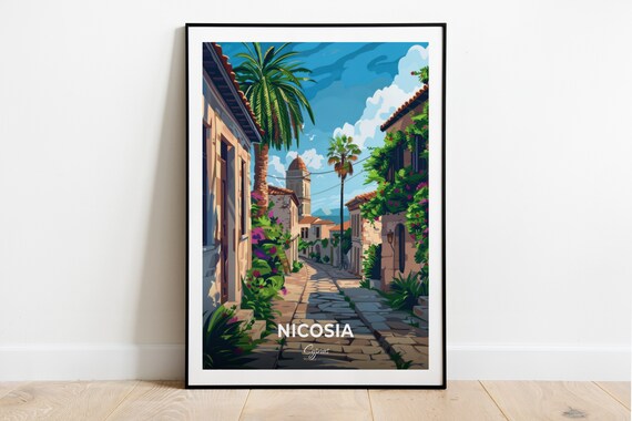 Nicosia Cyprus Old Town Cobblestone Street Palms Travel Poster