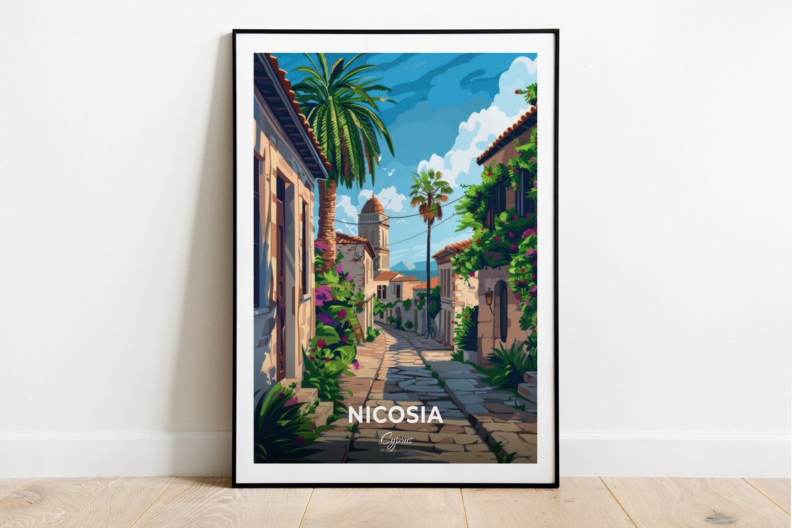 Nicosia Cyprus Old Town Cobblestone Street Palms Travel Poster