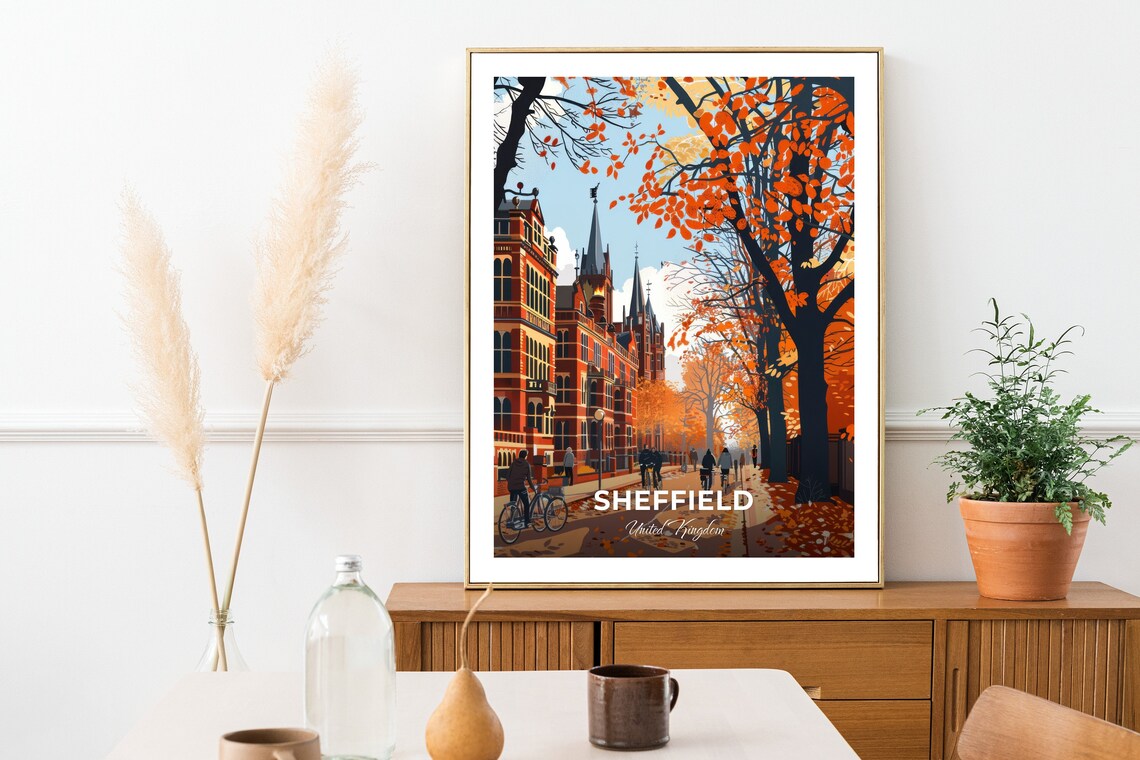 Sheffield University Street Autumn Leaves Cityscape Travel Poster - Image 2