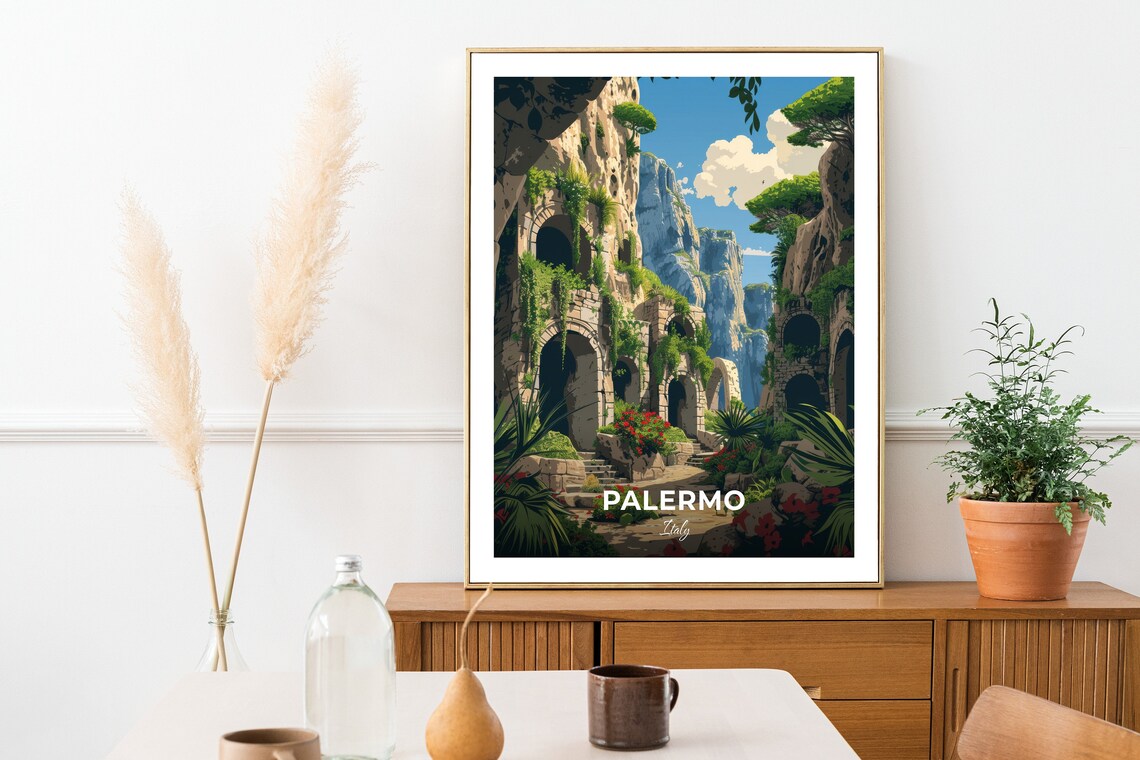 Palermo Italy Ancient Stone Arch Grotto Garden Travel Art Poster - Image 2
