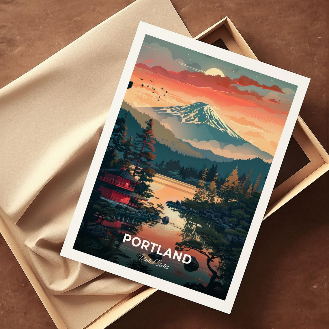 Portland Travel Poster Portland Japanese Garden City Print Cityscape Artwork Birthday Wedding Gift Wall Art Location Print - Image 4