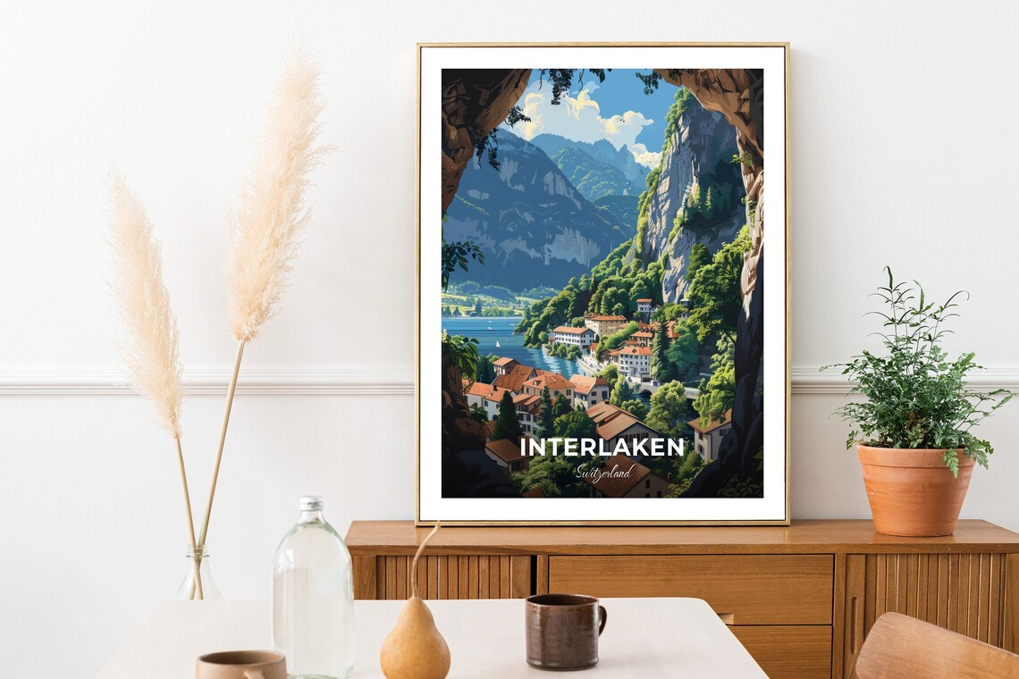Interlaken Switzerland Lake Cliffs Village Vintage Travel Poster - Image 2