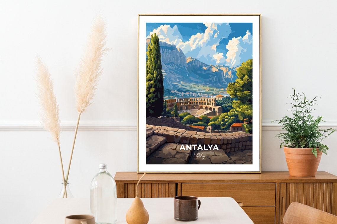 Antalya Turkey Aspendos Amphitheatre Travel Poster Mountain View Art - Image 2