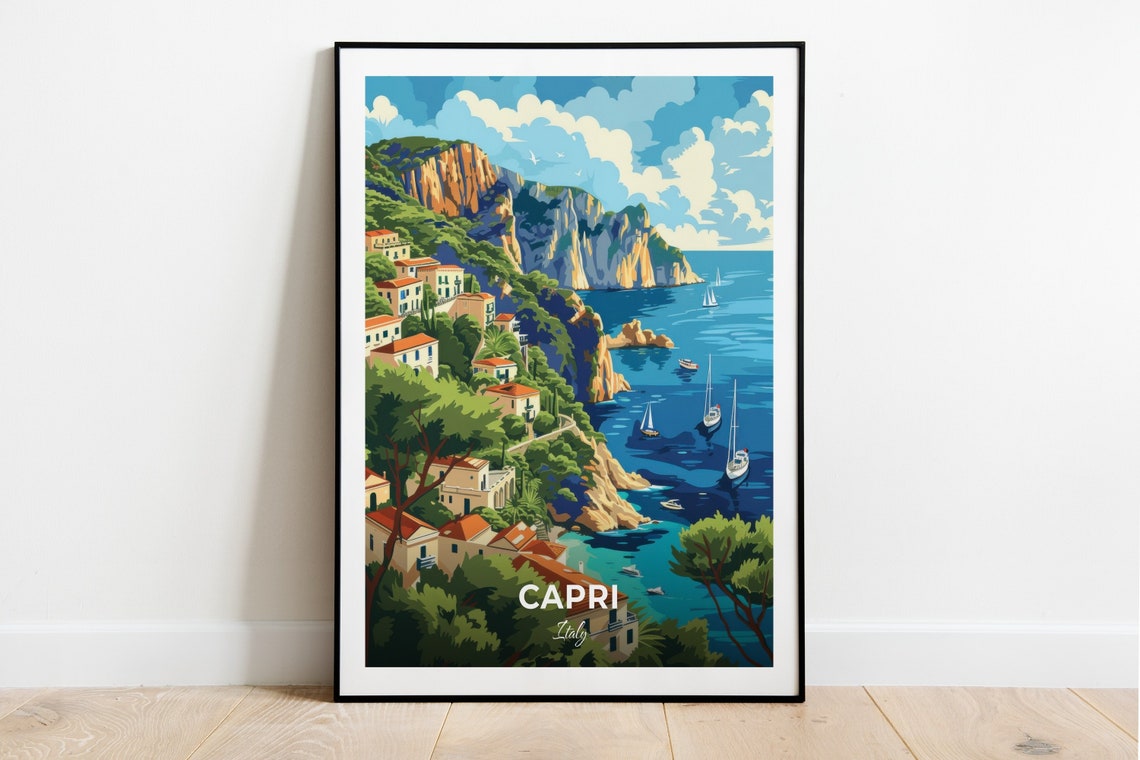 Capri Italy Anacapri Cliffs Villas Blue Sea Boats Travel Poster