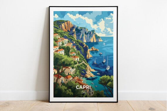 Capri Italy Anacapri Cliffs Villas Blue Sea Boats Travel Poster