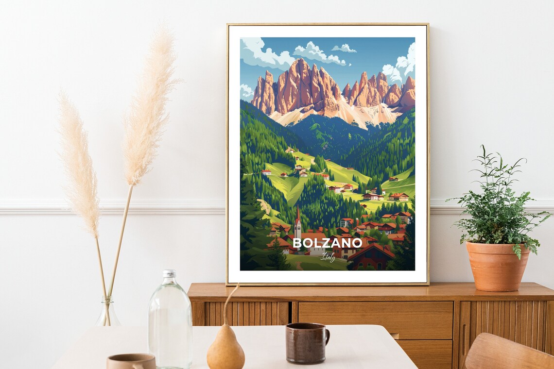 Bolzano Italy Dolomites Peaks Alpine Village Valley Mountain View Poster - Image 2