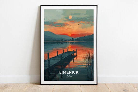 Limerick Ireland Quiet Lake Pier Sunset Glow Travel Art Poster