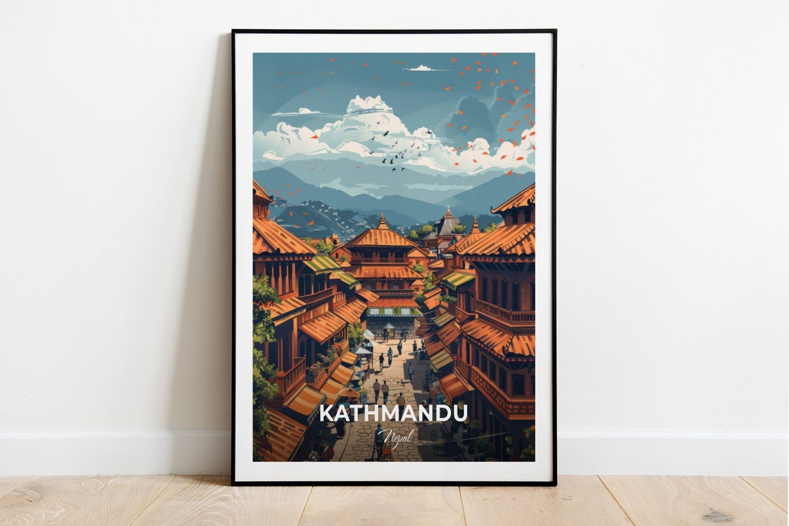 Kathmandu Nepal Asantole Old Town Cobblestone Street Travel Poster