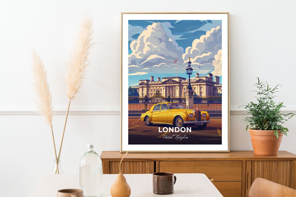 London United Kingdom Buckingham Palace Gates Classic Car Travel Poster - Image 2