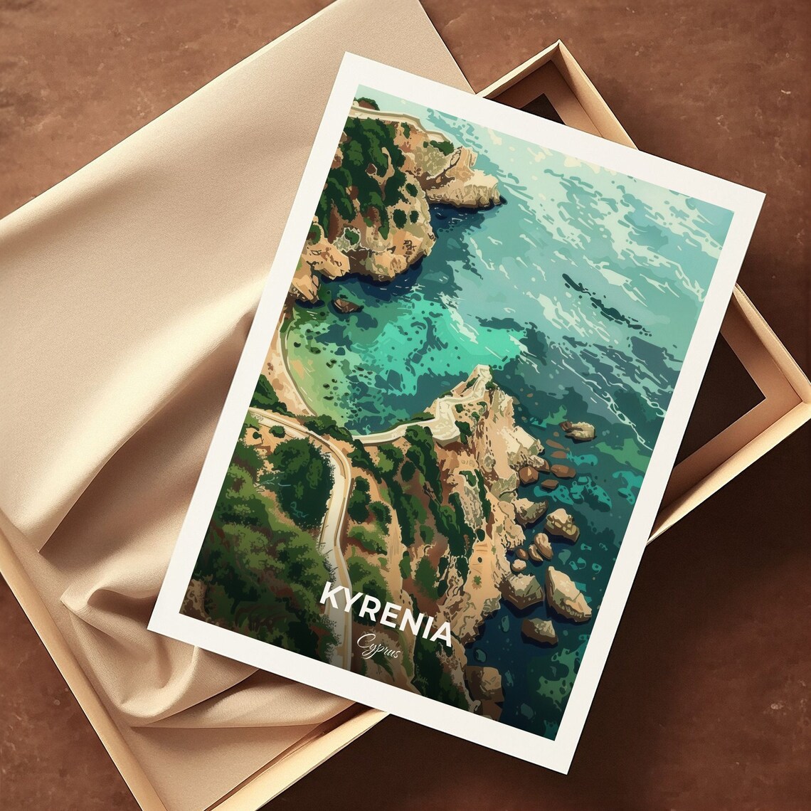 Kyrenia Cyprus Turquoise Bay Aerial Rocky Coastline Travel Poster - Image 3